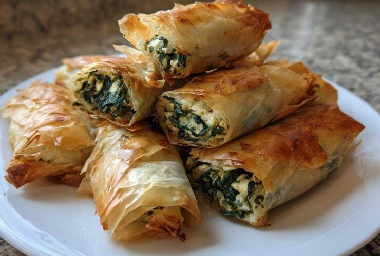 A stack of golden brown, crispy Mediterranean Spinach and Feta Cheese Crisps on a white plate.