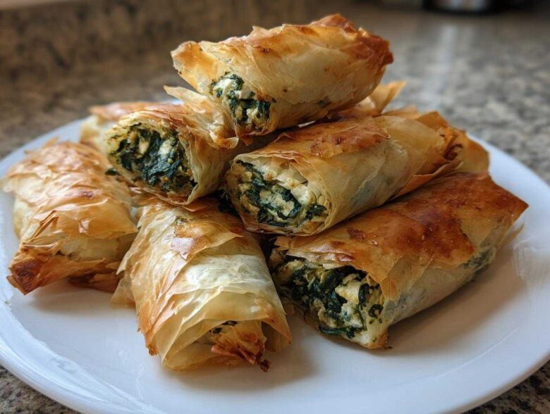 A stack of golden brown, crispy Mediterranean Spinach and Feta Cheese Crisps on a white plate.