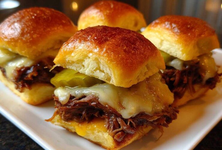 Four delicious Mississippi pot roast sliders stacked with shredded beef, melted cheese, and pickles on brioche buns.