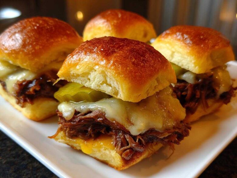 Four delicious Mississippi pot roast sliders stacked with shredded beef, melted cheese, and pickles on brioche buns.