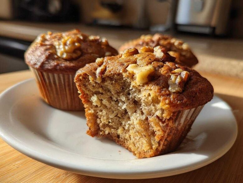 Close-up of a moist banana nut muffin, broken open to show texture, topped with walnuts.