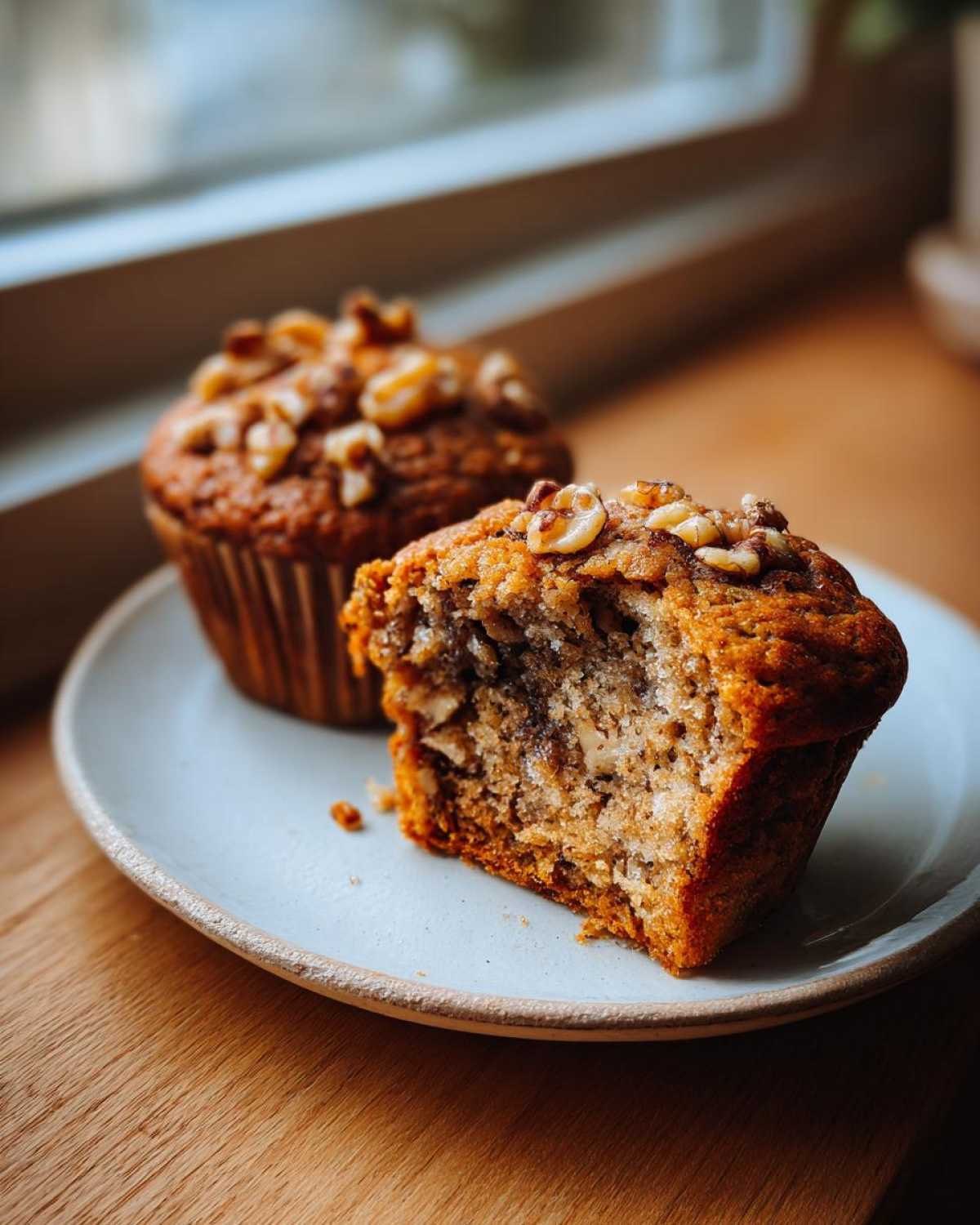 Close-up of a moist banana nut muffin cut in half, showing walnuts inside and on top, next to a whole muffin.