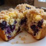 Close-up of a moist blueberry muffin cut in half, showing juicy blueberries and a sugary crumb topping.