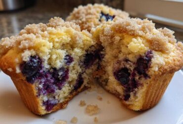 Close-up of a moist blueberry muffin cut in half, showing juicy blueberries and a sugary crumb topping.