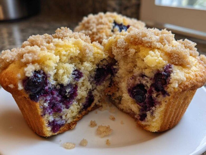 Close-up of a moist blueberry muffin cut in half, showing juicy blueberries and a sugary crumb topping.