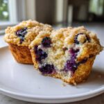 Close-up of two moist blueberry muffins, one cut in half revealing the interior packed with blueberries and a sugary crumb topping.