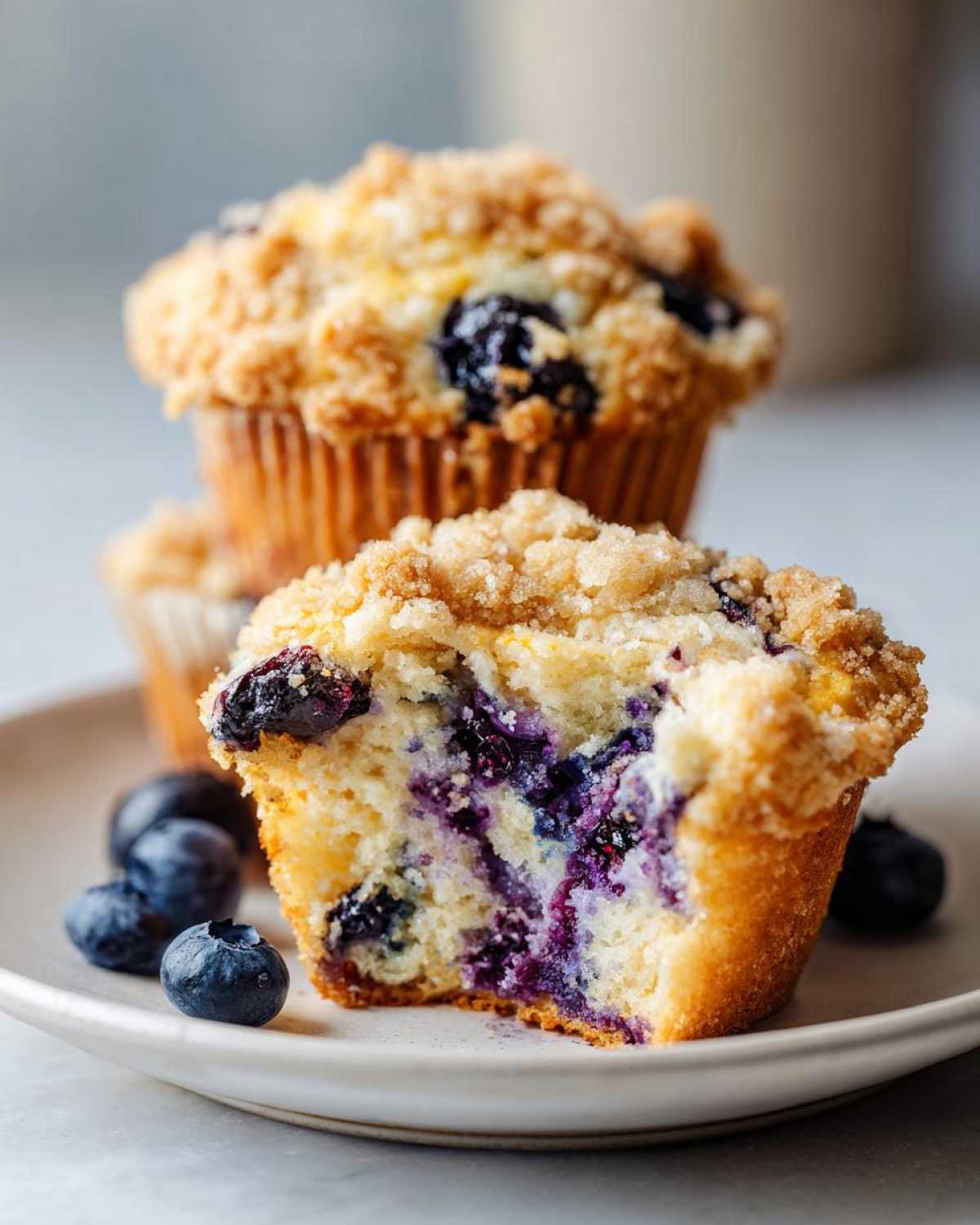 Close-up of a moist blueberry muffin cut in half showing juicy berries, topped with streusel, next to fresh blueberries.