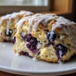 Close-up of two moist blueberry scones topped with a thick vanilla glaze, highlighting the flaky texture and burst blueberries.