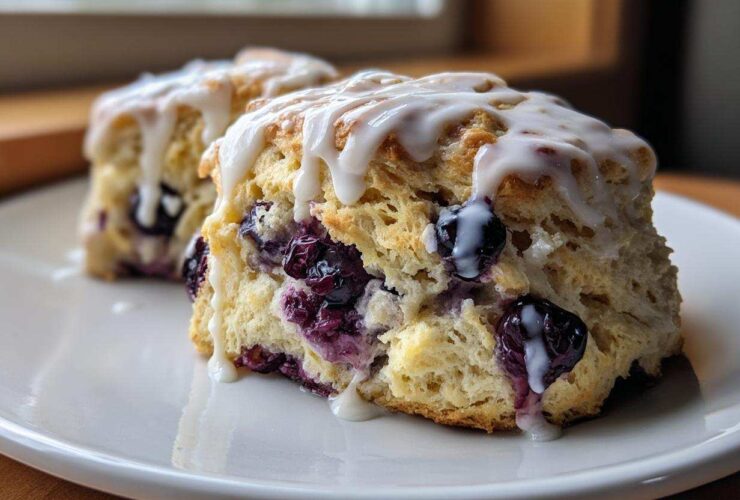 Close-up of two moist blueberry scones topped with a thick vanilla glaze, highlighting the flaky texture and burst blueberries.