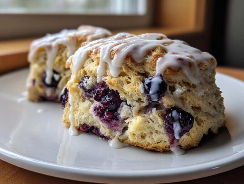 Close-up of two moist blueberry scones topped with a thick vanilla glaze, highlighting the flaky texture and burst blueberries.