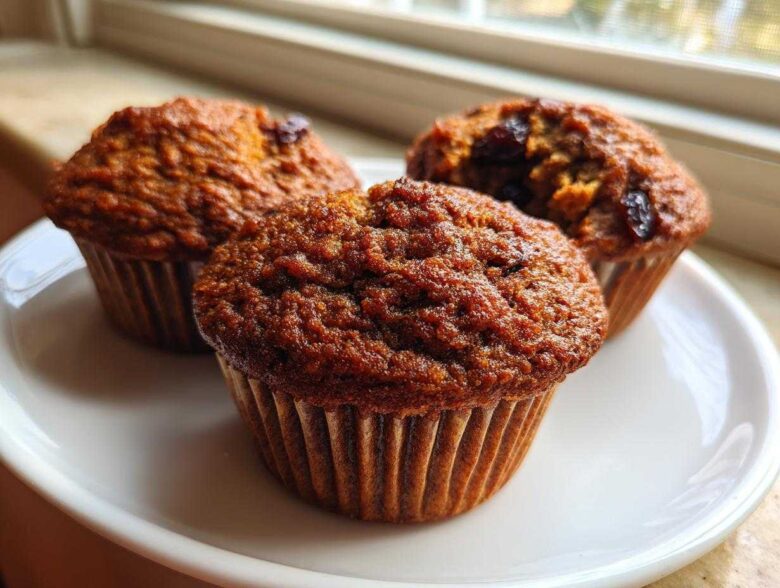Close-up of three freshly baked, moist bran muffins with raisins, sitting on a white plate near a window.