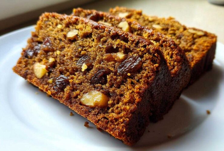 Close-up of three moist slices of dark, rich date nut bread loaded with walnuts and raisins.