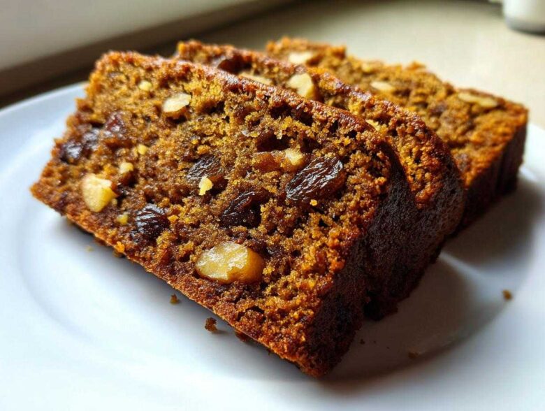 Close-up of three moist slices of dark, rich date nut bread loaded with walnuts and raisins.