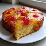 A slice cut from a moist pineapple upside down cake, showing the golden crumb and caramelized topping.