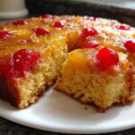 A slice removed from a moist pineapple upside down cake topped with caramelized pineapple rings and bright red maraschino cherries.