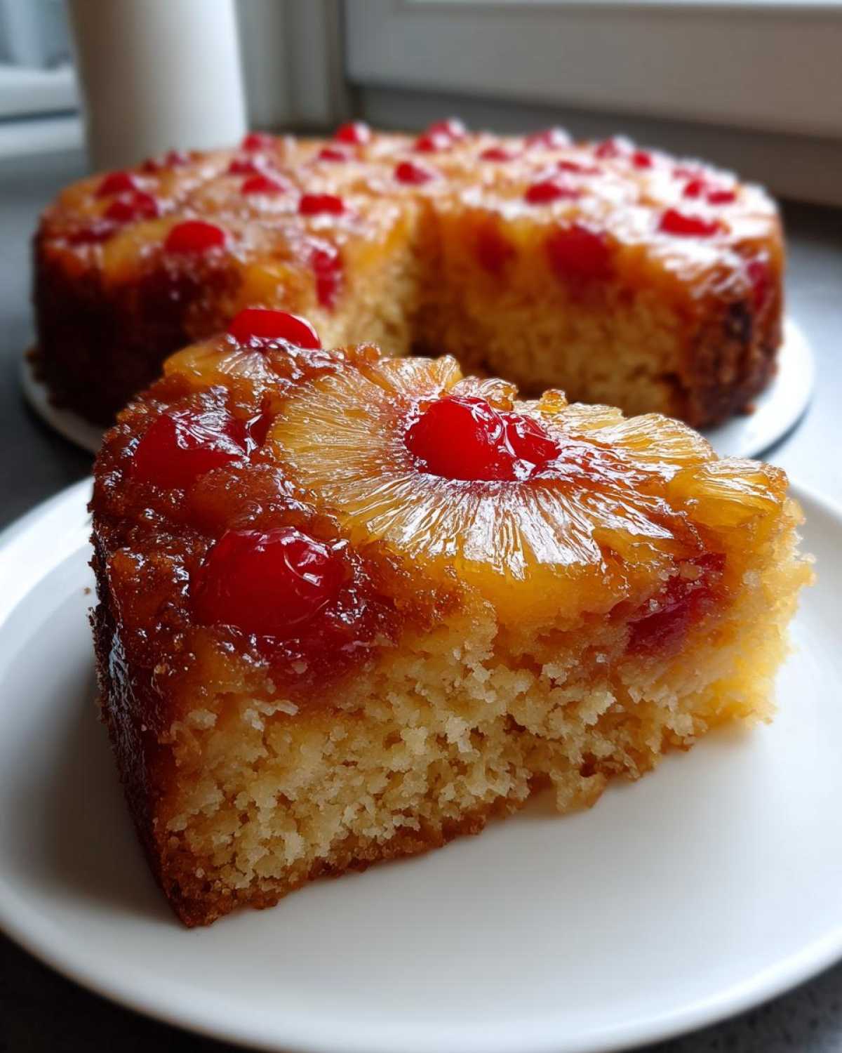 Close-up of a moist slice of pineapple upside down cake topped with caramelized pineapple and cherries.