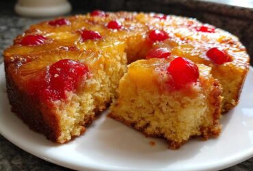 A slice removed from a moist pineapple upside down cake topped with caramelized pineapple rings and bright red maraschino cherries.