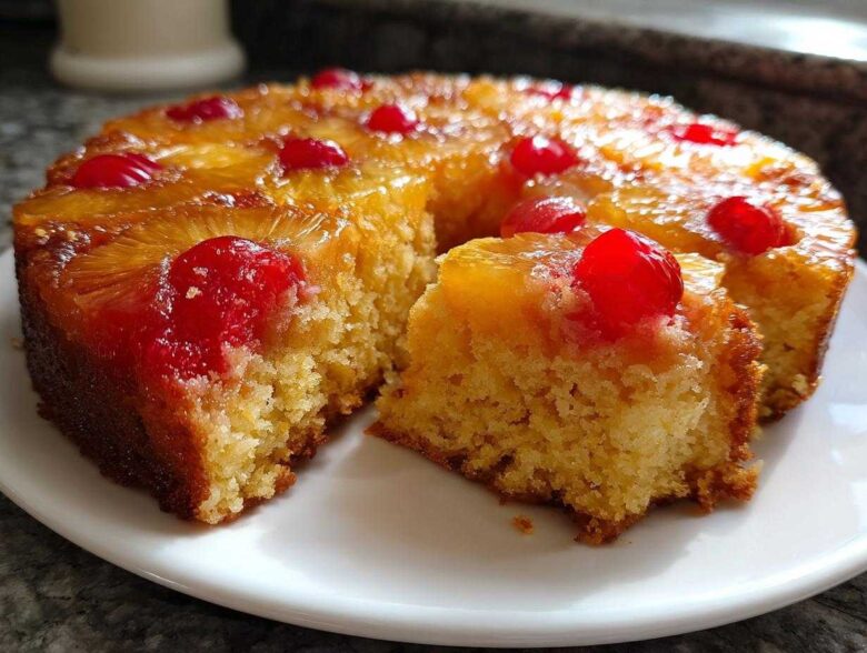 A slice removed from a moist pineapple upside down cake topped with caramelized pineapple rings and bright red maraschino cherries.