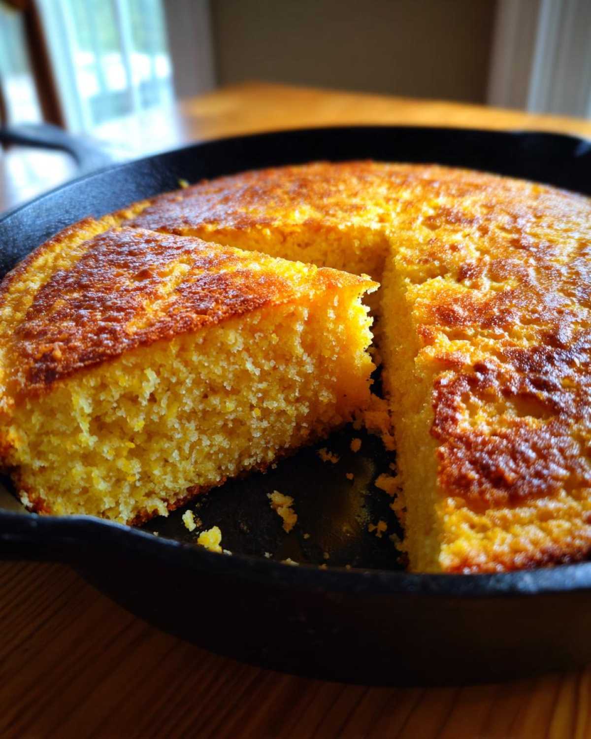 A golden-brown, moist skillet cornbread with one slice partially removed, sitting in a black cast iron pan.