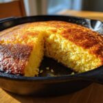 A golden brown, moist skillet cornbread with one slice removed, sitting in a black cast iron skillet.