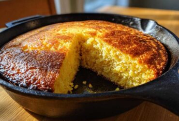 A golden brown, moist skillet cornbread with one slice removed, sitting in a black cast iron skillet.