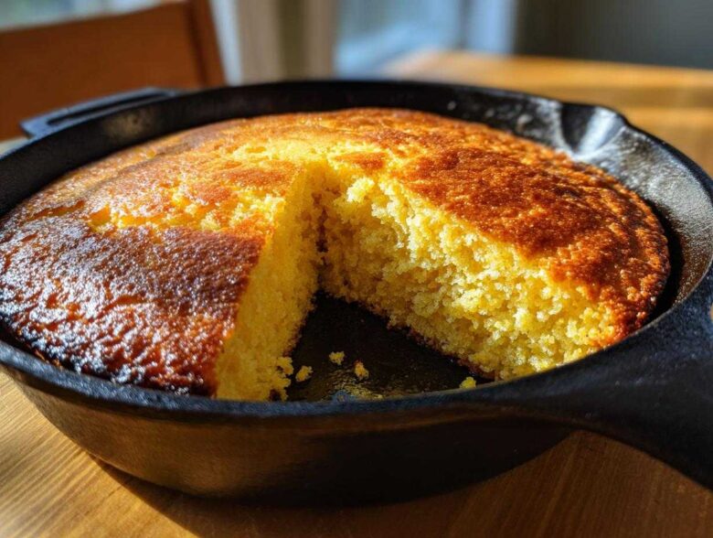 A golden brown, moist skillet cornbread with one slice removed, sitting in a black cast iron skillet.