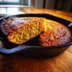 A golden brown, moist slice of skillet cornbread resting against the rest of the loaf inside a cast iron skillet.