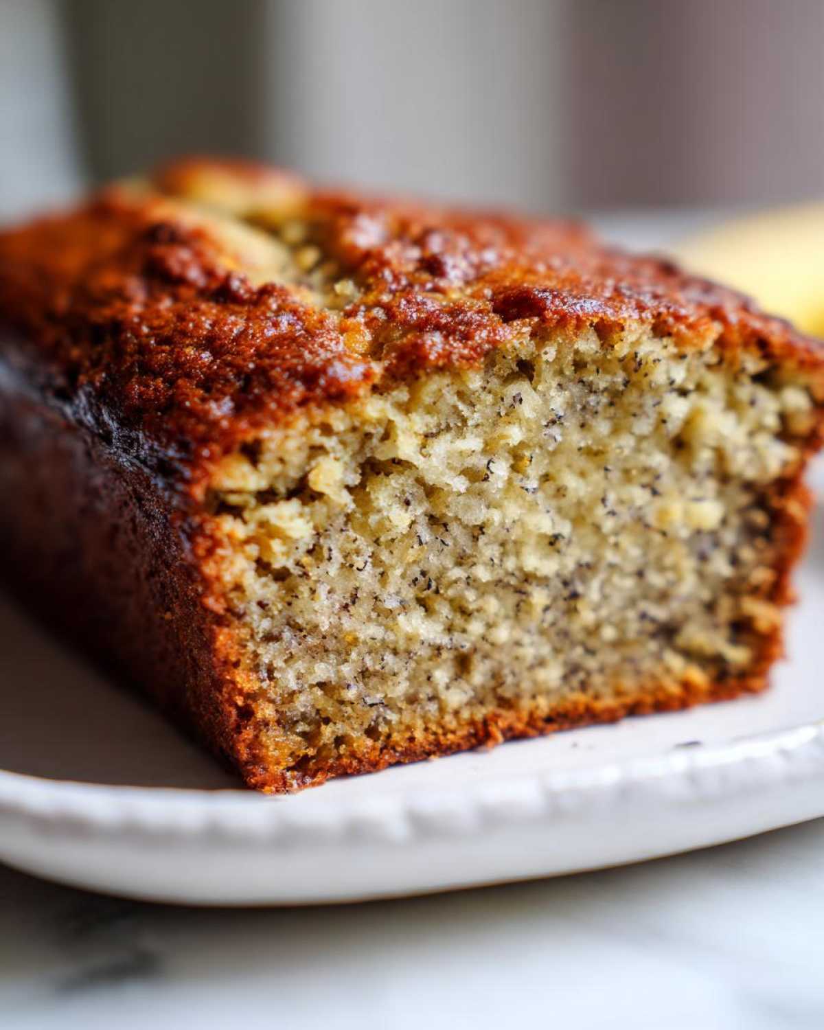 A close-up, macro shot of a slice of moist sugar free banana bread showing its golden-brown crust and speckled interior.