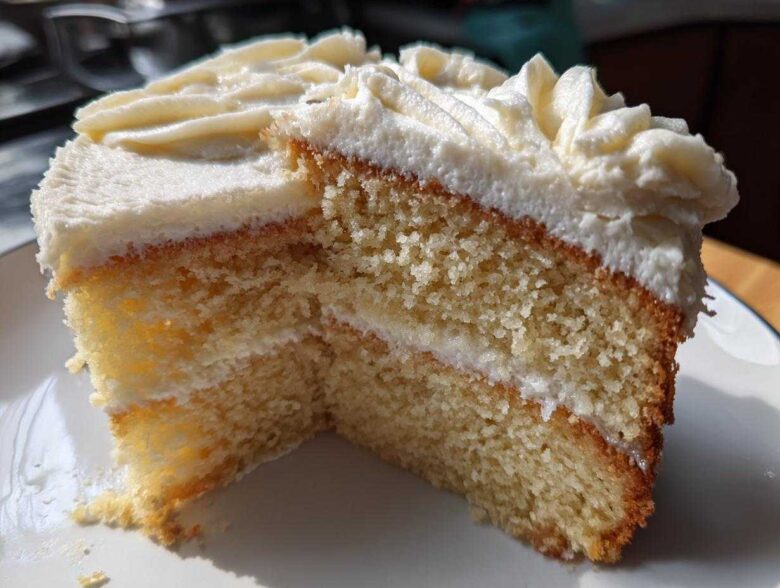 Close-up of a moist slice of vanilla cake recipe with thick white frosting layers.
