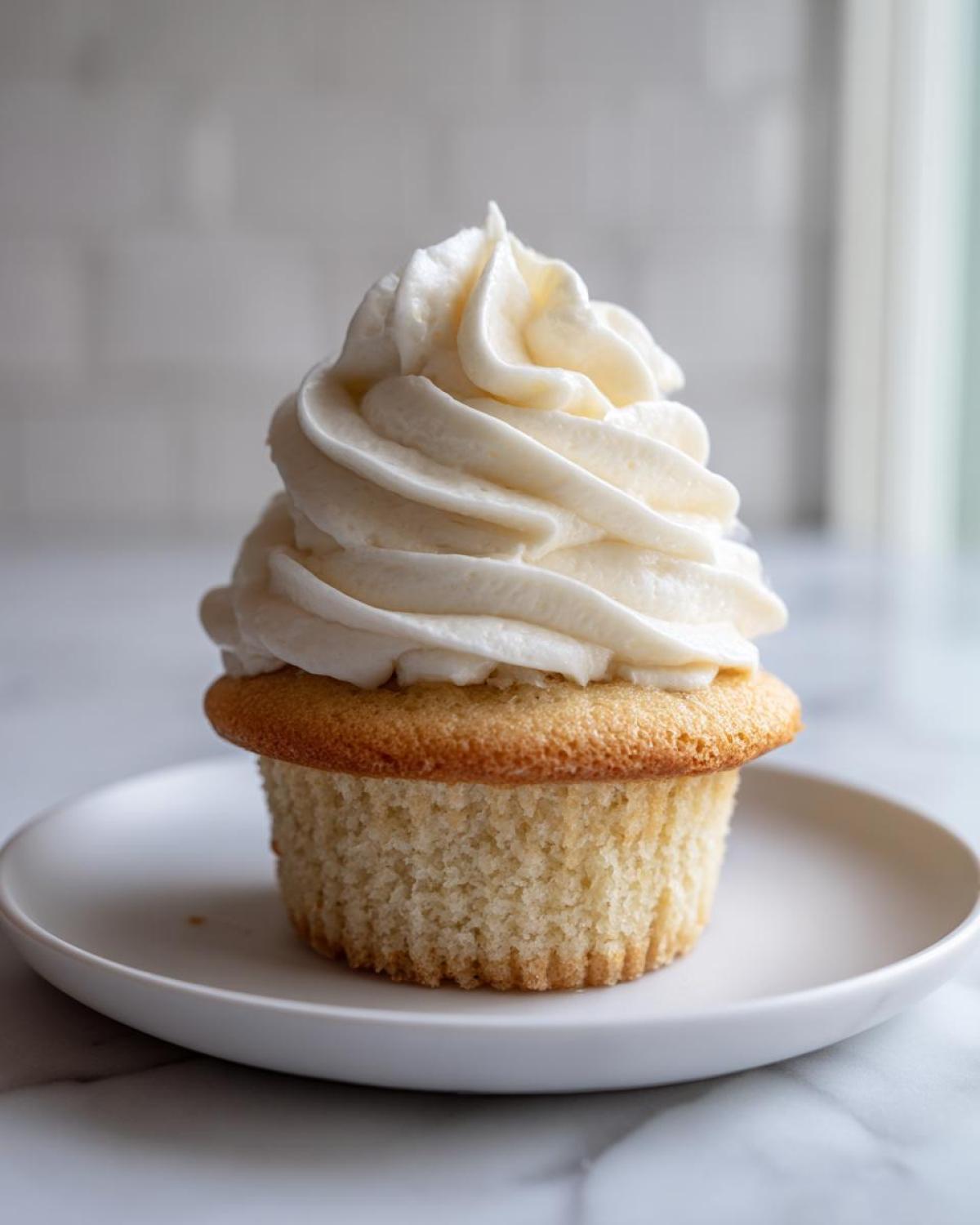 A single, perfectly baked vanilla cupcake topped with a tall swirl of creamy white vanilla frosting, sitting on a white plate.