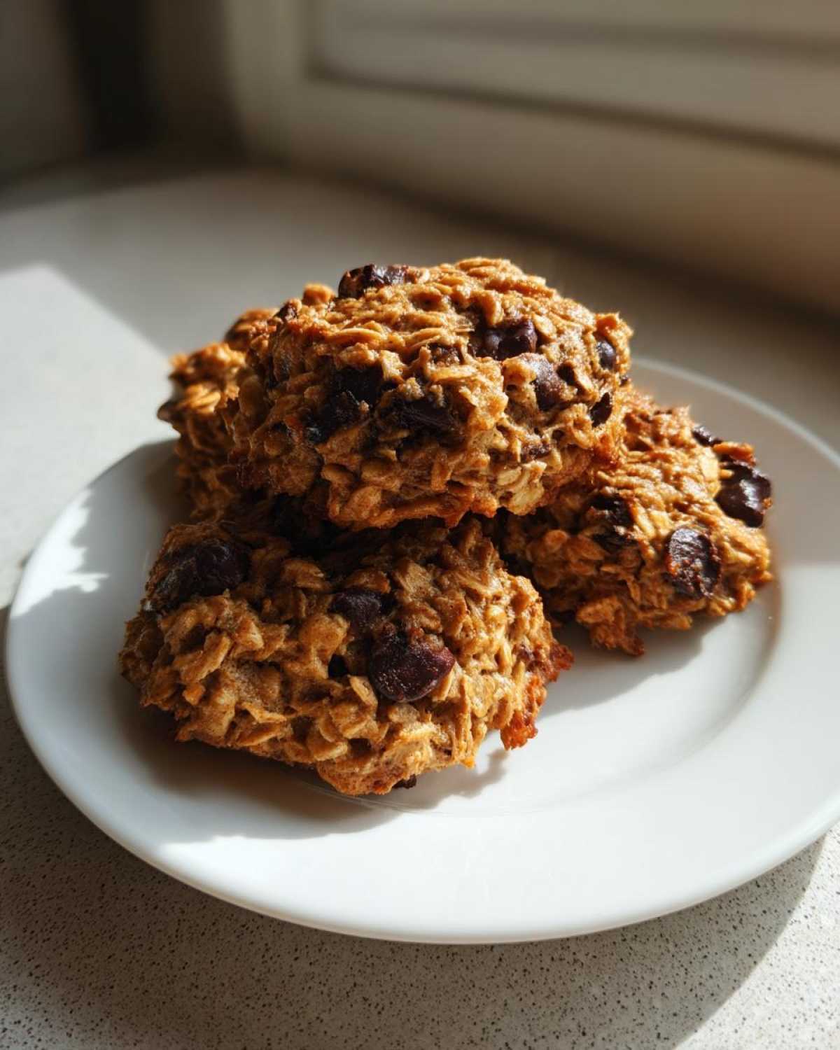 A stack of three hearty oatmeal chocolate chip breakfast cookie resting on a white plate, backlit by sunlight.