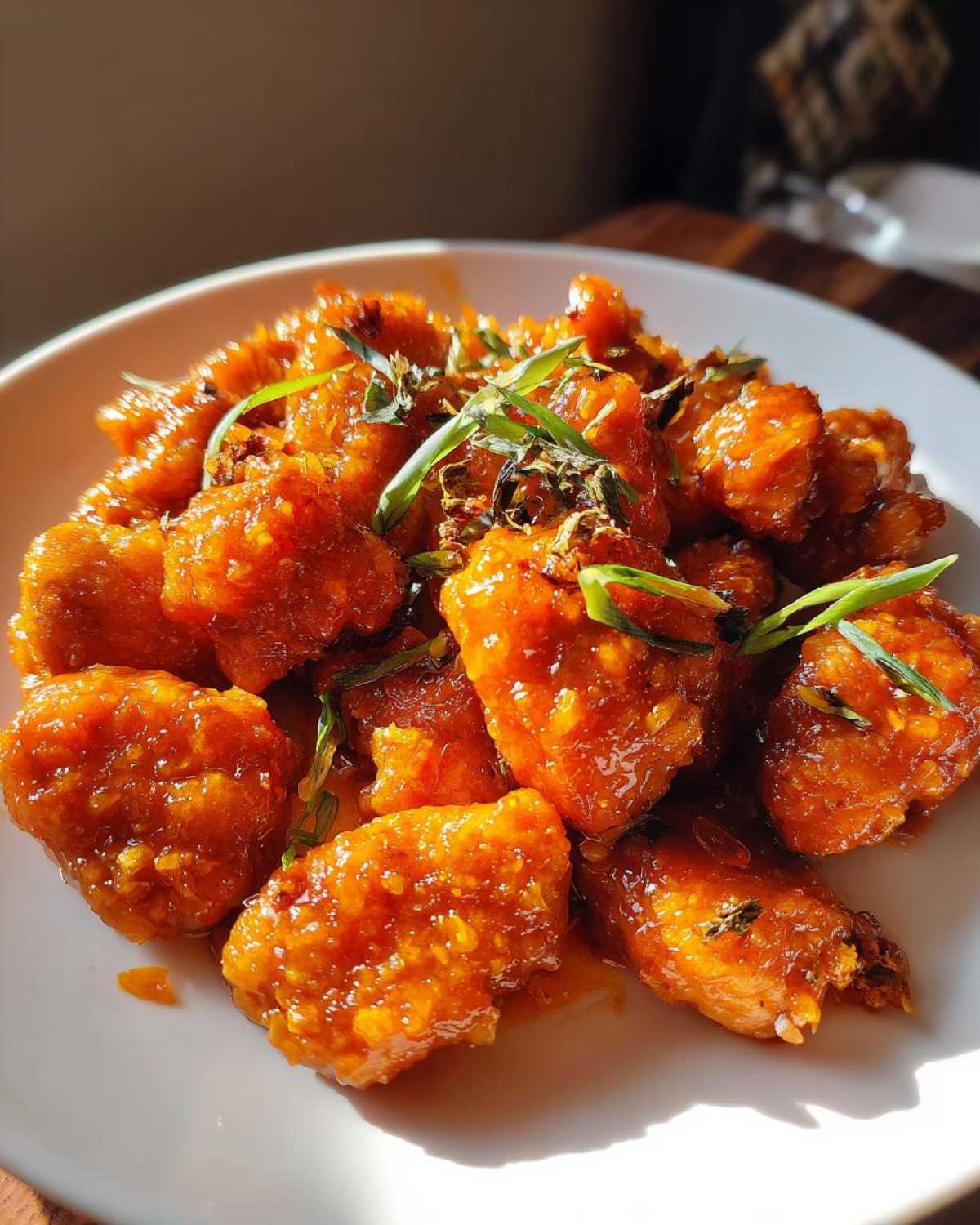 Close-up of crispy, glazed pieces of orange chicken recipe coated in a vibrant, sticky sauce and garnished with green onions.