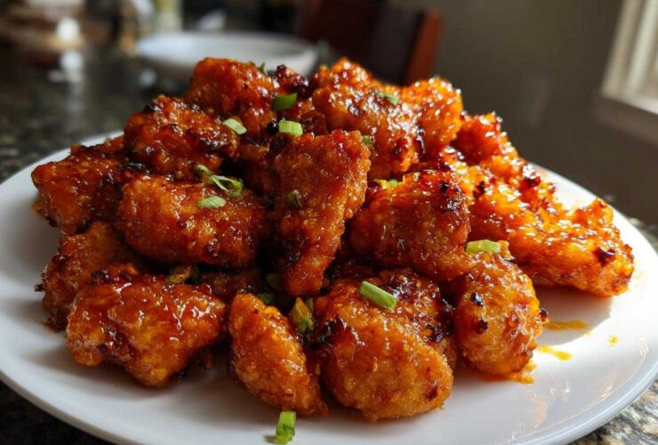 A plate piled high with crispy, glazed pieces of homemade orange chicken recipe, garnished with green onions.