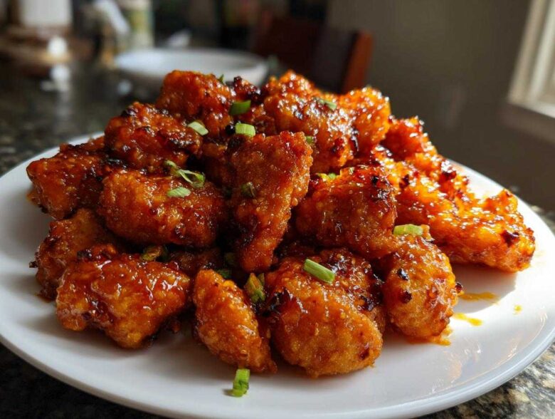 A plate piled high with crispy, glazed pieces of homemade orange chicken recipe, garnished with green onions.