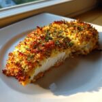 A perfectly cooked piece of parmesan crusted chicken showing a golden, crispy topping and juicy white meat inside.