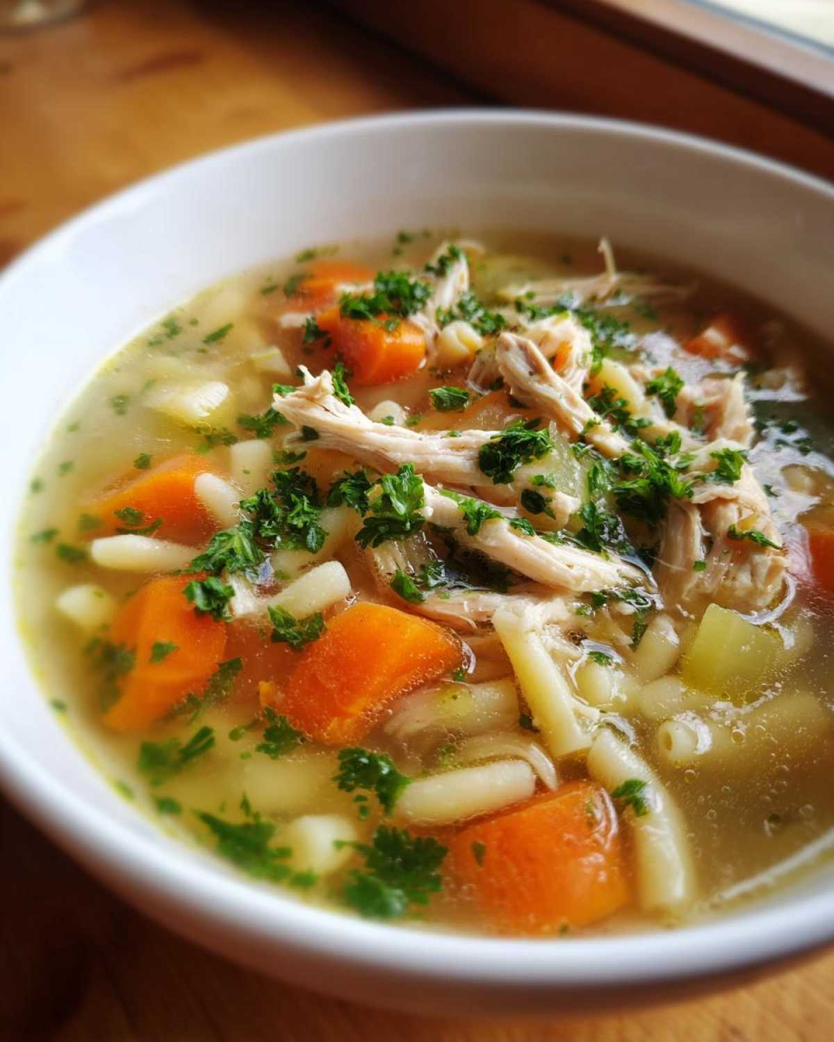 Close-up of a white bowl filled with steaming penicillin soup, featuring shredded chicken, bright orange carrots, noodles, and fresh parsley.
