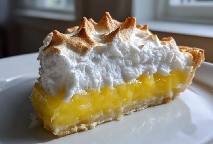 Close-up of a slice of lemon meringue pie showing bright yellow filling and perfectly toasted meringue peaks.