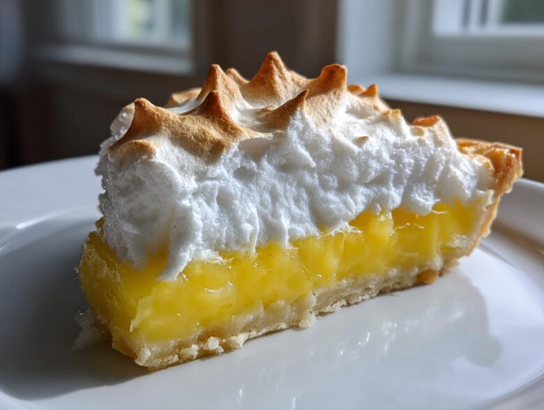 Close-up of a slice of lemon meringue pie showing bright yellow filling and perfectly toasted meringue peaks.