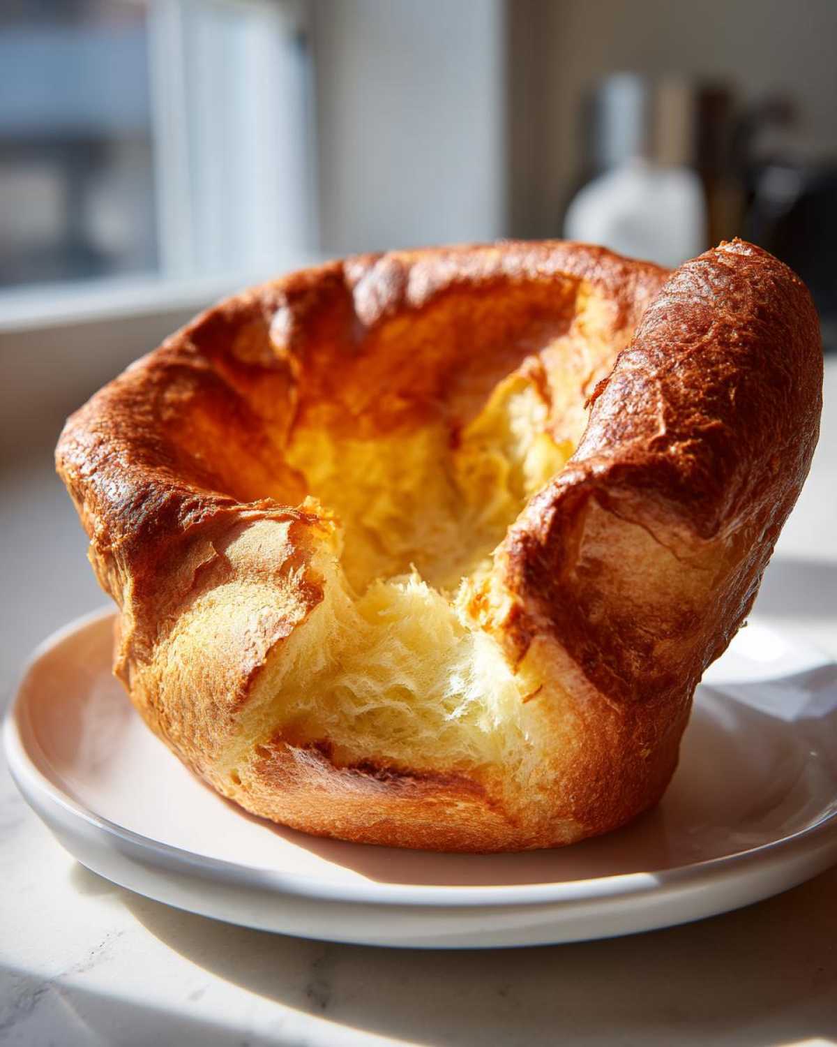 A golden brown, perfectly risen Yorkshire pudding with a bite taken out showing the fluffy interior, sitting on a white plate.