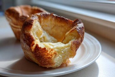 Close-up of a golden brown, perfectly risen Yorkshire pudding with a hollow center, sitting on a white plate.
