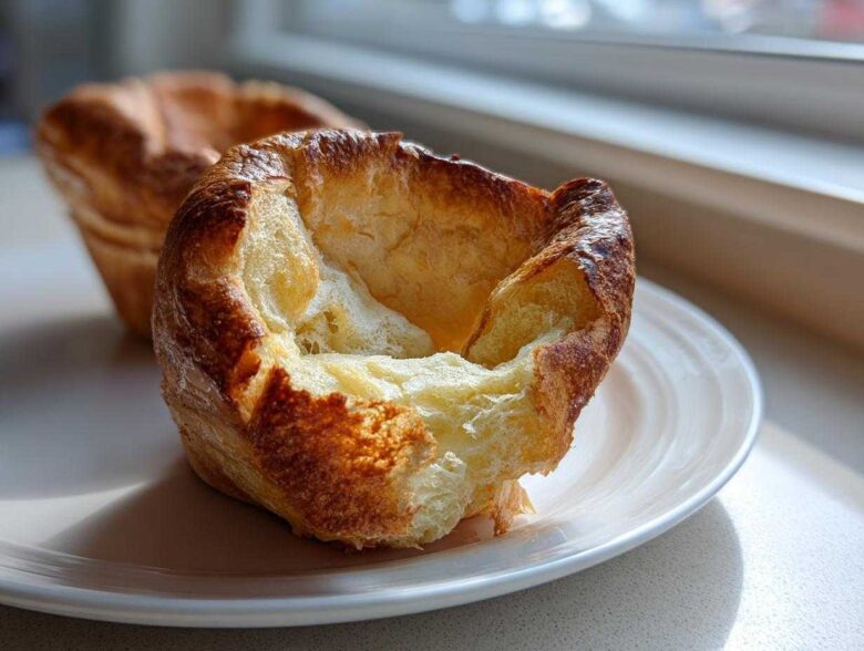 Close-up of a golden brown, perfectly risen Yorkshire pudding with a hollow center, sitting on a white plate.