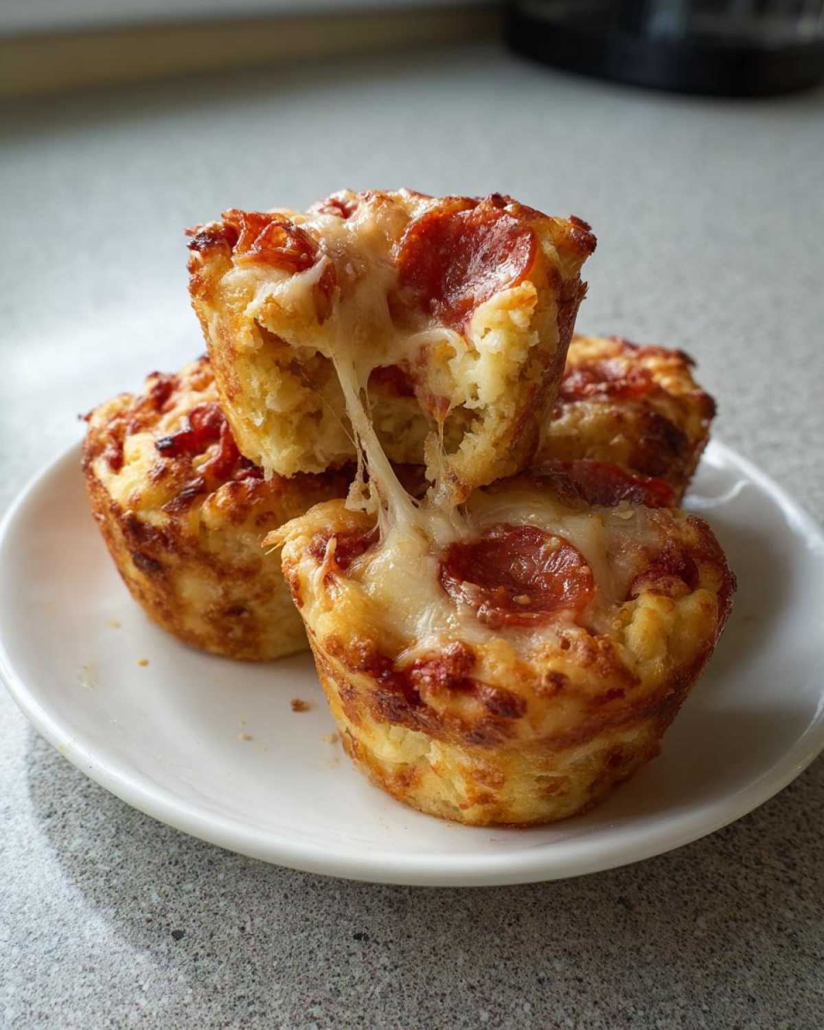 Three golden brown pizza muffins stacked on a white plate, showing melted cheese stretching between the top two pizza muffins.