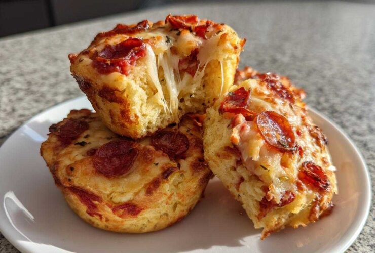 Three freshly baked pizza muffins stacked on a white plate, one broken open showing a dramatic cheese pull.