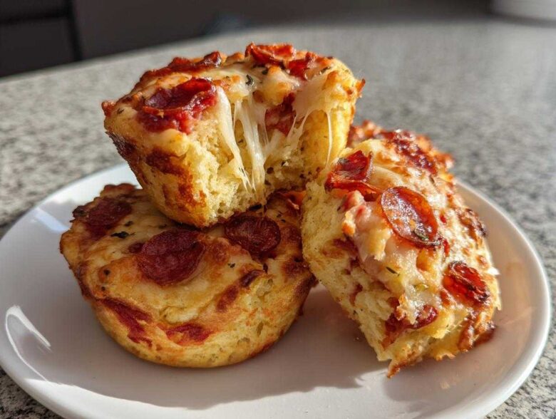 Three freshly baked pizza muffins stacked on a white plate, one broken open showing a dramatic cheese pull.