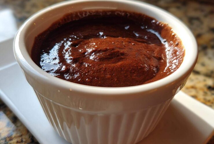 Close-up of rich, dark homemade chocolate pudding served in a white, fluted ramekin.