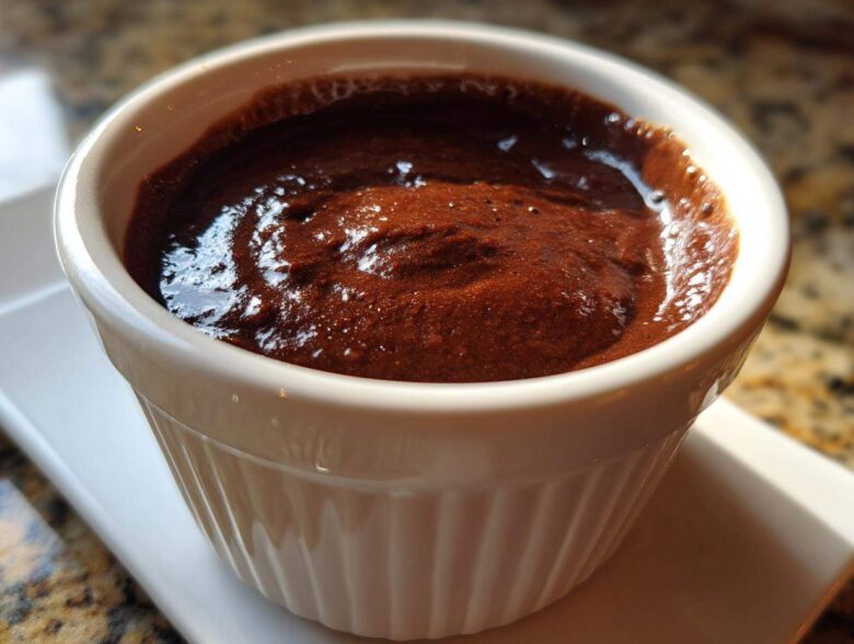 Close-up of rich, dark homemade chocolate pudding served in a white, fluted ramekin.