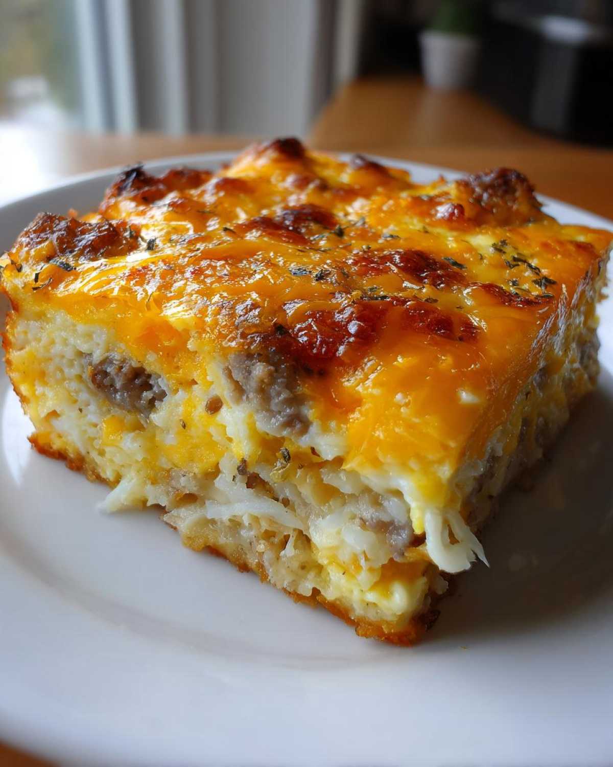 A close-up of a square slice of sausage and cheese egg bake with hash browns on a white plate.