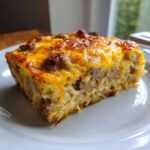 A hearty slice of sausage and cheese egg bake featuring hash browns, meat, and melted cheddar, ready to eat.