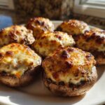 A close-up of several golden-brown, baked Sausage stuffed mushrooms topped with melted, browned cheese.