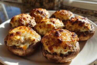 A close-up of several golden-brown, baked Sausage stuffed mushrooms topped with melted, browned cheese.
